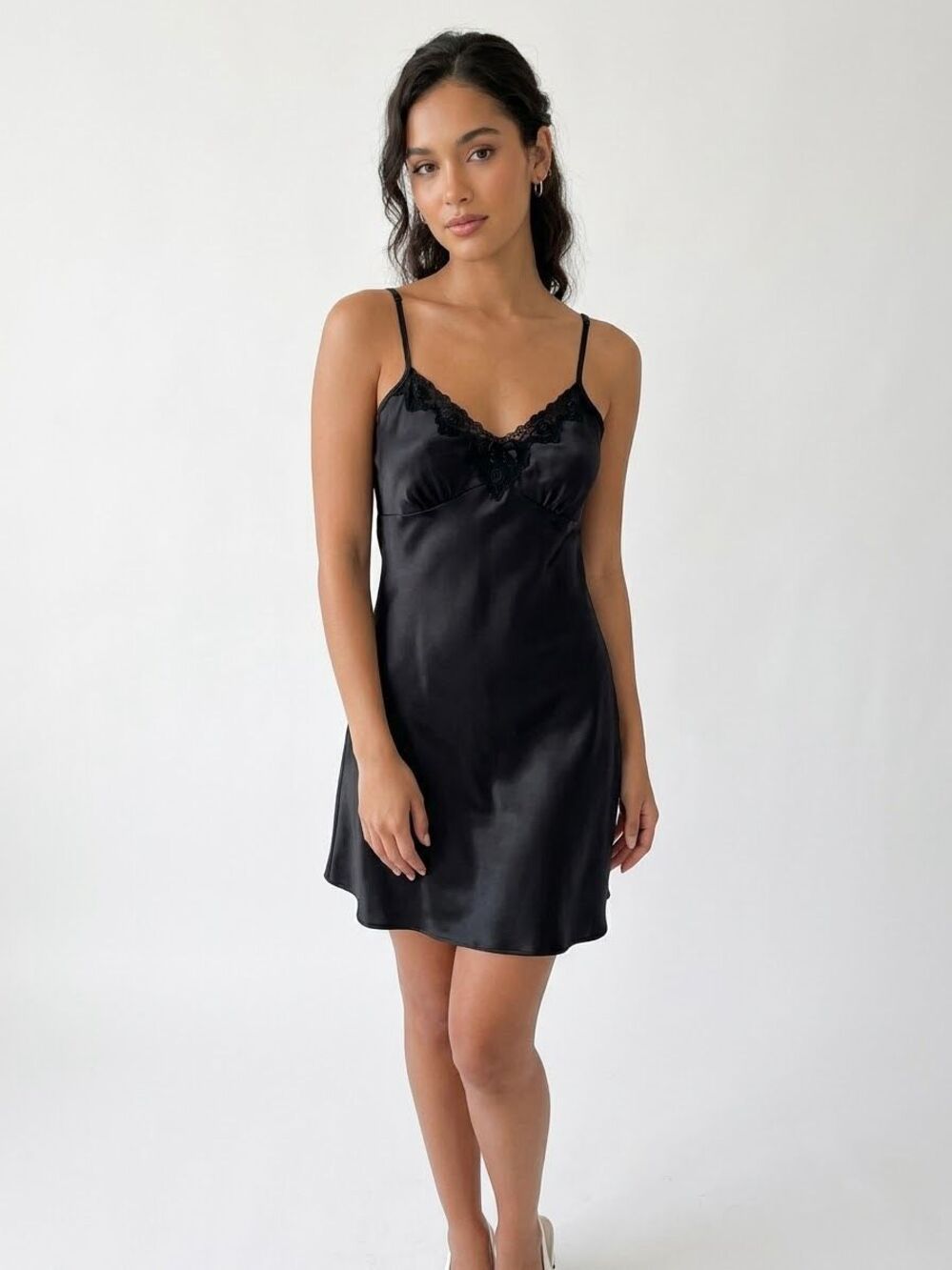 Vintage 90's Y2K Amanda Smith Black Satin Lace Trim Slip Dress M 90s Cami